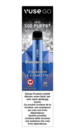 Die Einweg-E-Zigarette Vuse Go mit Blueberry Ice Geschmack in der Verpackung