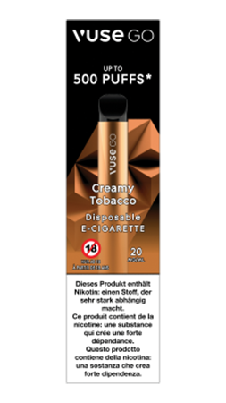 Die Einweg-E-Zigarette Vuse Go mit Creamy Tobacco Geschmack in der Verpackung