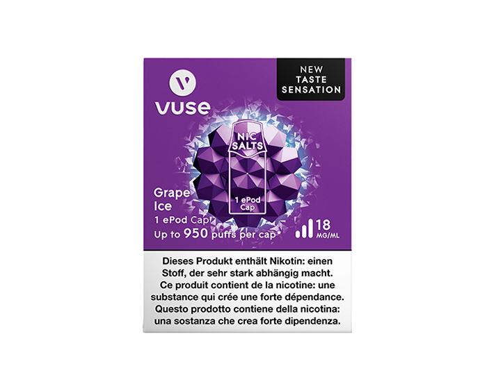 The packaging of the Grape Ice flavour e-liquid Cap for ePod e-cigarette