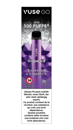Die Einweg-E-Zigarette Vuse Go mit Grape Ice Geschmack in der Verpackung