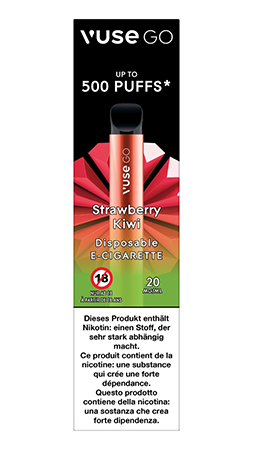 Die Einweg-E-Zigarette Vuse Go mit Strawberry Kiwi Geschmack in der Verpackung