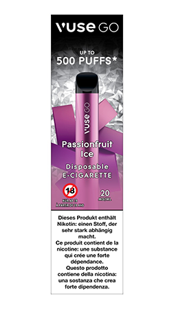 Die Einweg-E-Zigarette Vuse Go mit Passionfruit Ice Geschmack in der Verpackung
