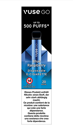 Die Einweg-E-Zigarette Vuse Go mit Blue Raspberry Geschmack in der Verpackung