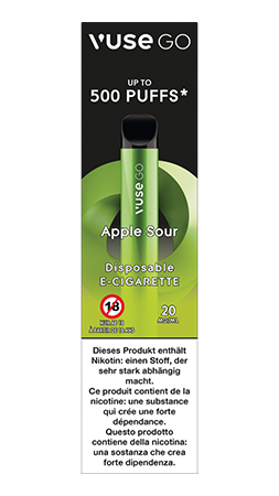 Die Einweg-E-Zigarette Vuse Go mit Apple sour Geschmack in der Verpackung