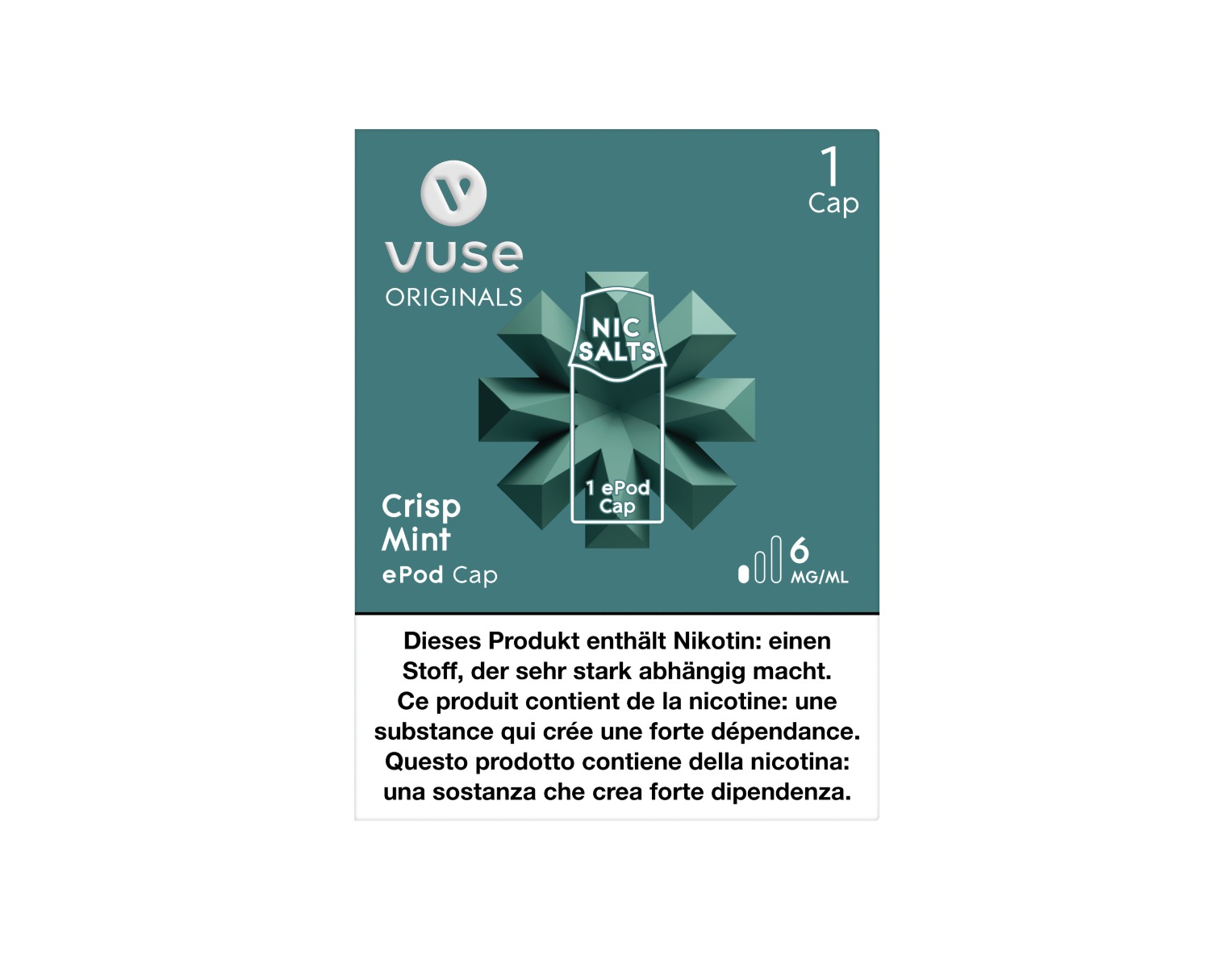Die Verpackung von E-Liquid Cap mit dem Geschmack Crisp Mint für E-Zigarette ePod