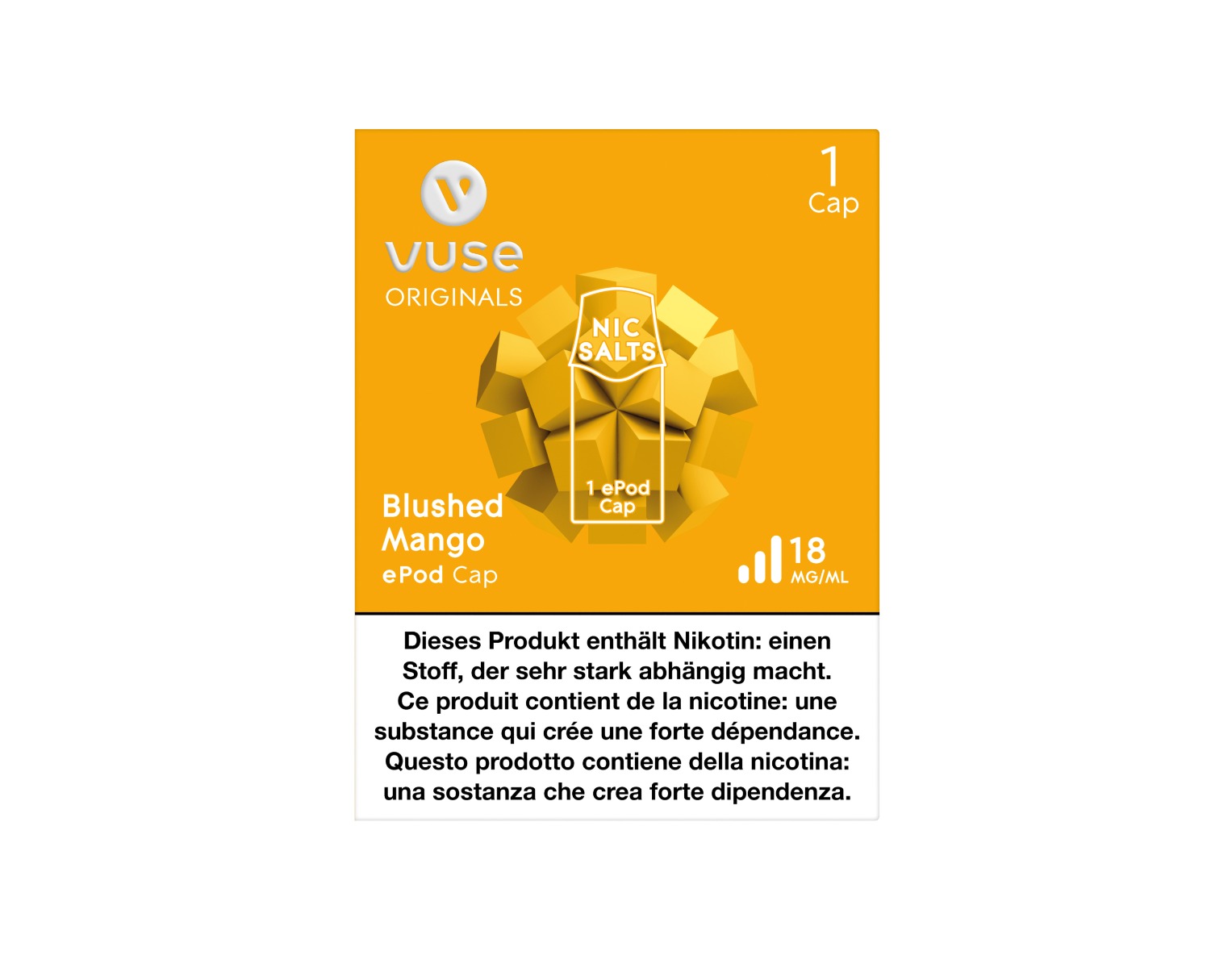 Die Verpackung von E-Liquid Cap mit dem Geschmack Blushed Mango für E-Zigarette ePod