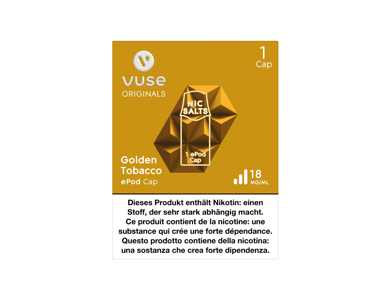 The packaging of the Golden Tobacco flavour e-liquid Cap for ePod e-cigarette
