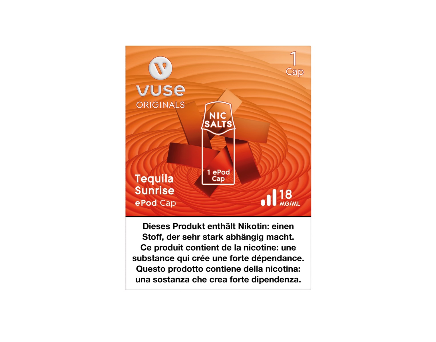 Die Verpackung von E-Liquid Cap mit dem Geschmack Tequila Sunrise für E-Zigarette ePod