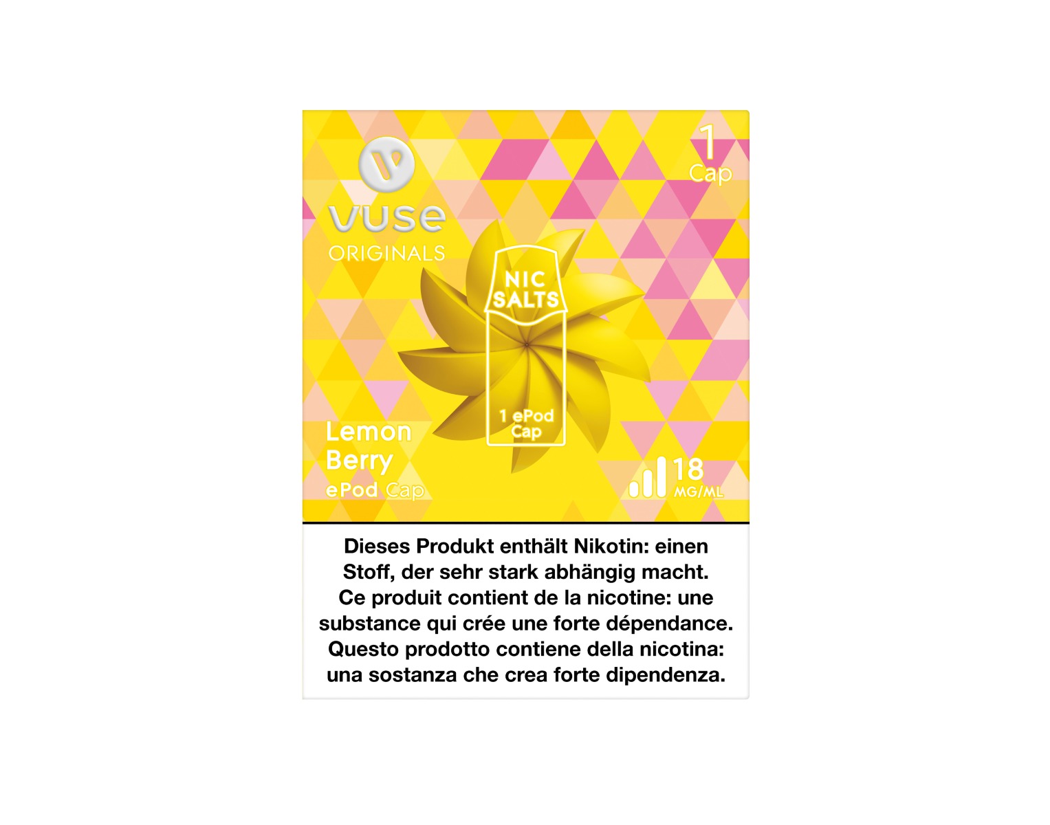 The packaging of the Lemon Berry flavour e-liquid Cap for ePod e-cigarette