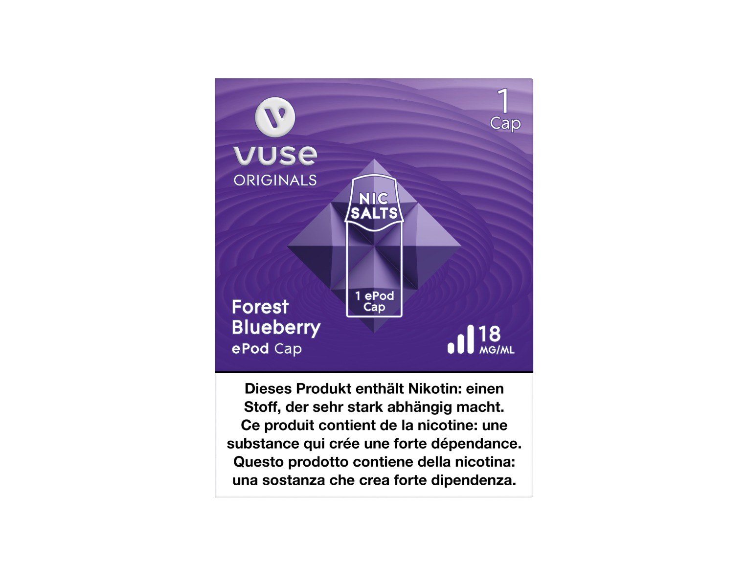 Die Verpackung von E-Liquid Cap mit dem Geschmack Forest Blueberry für E-Zigarette ePod