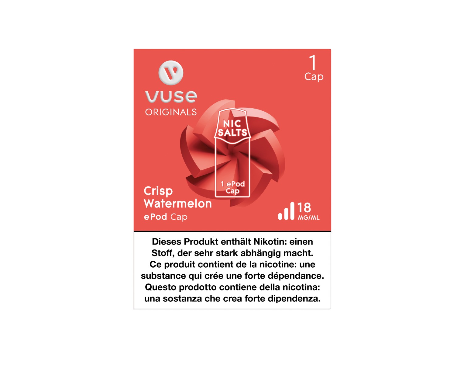 Die Verpackung von E-Liquid Cap mit dem Geschmack Crisp Watermelon für E-Zigarette ePod