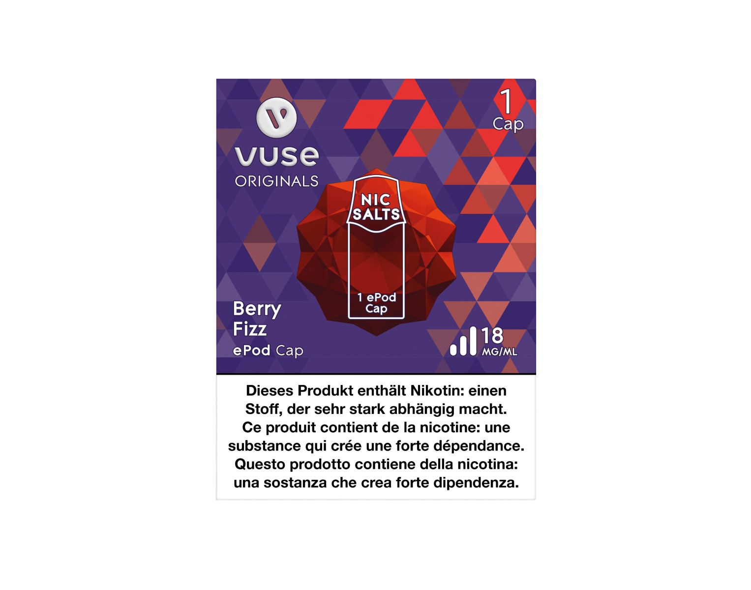The packaging of the Berry Fizz flavour e-liquid Cap for ePod e-cigarette