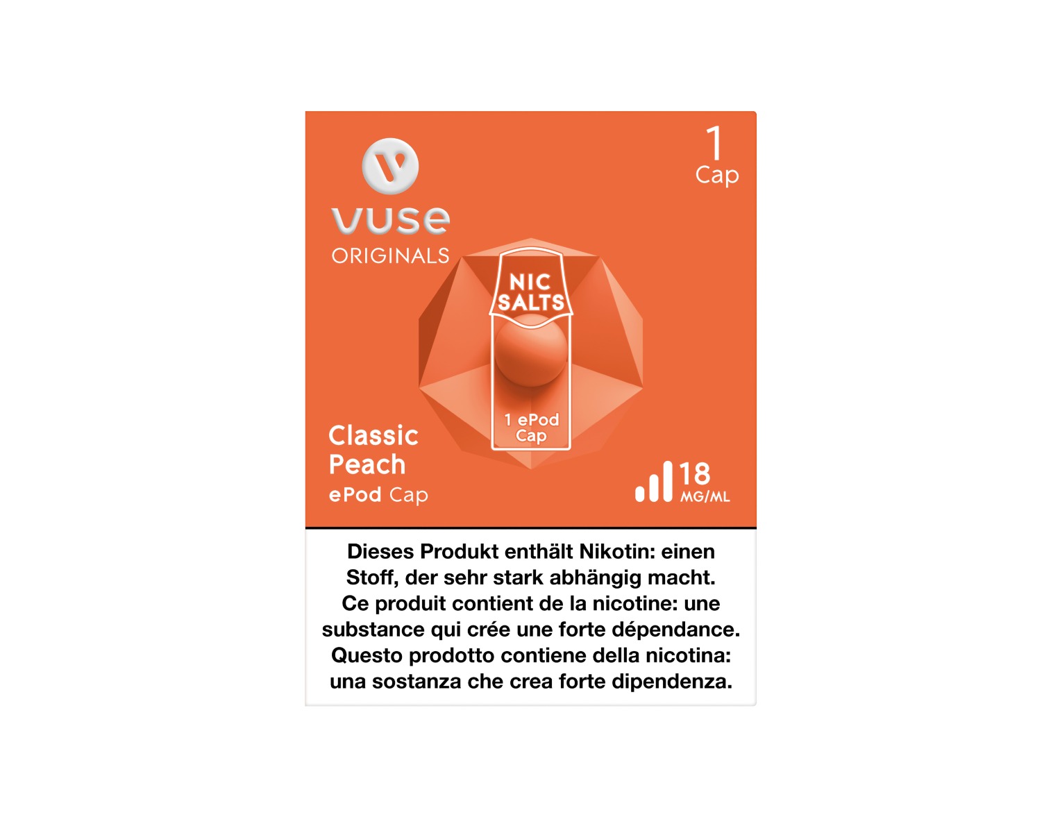 Die Verpackung von E-Liquid Cap mit dem Geschmack Classic Peach für E-Zigarette ePod