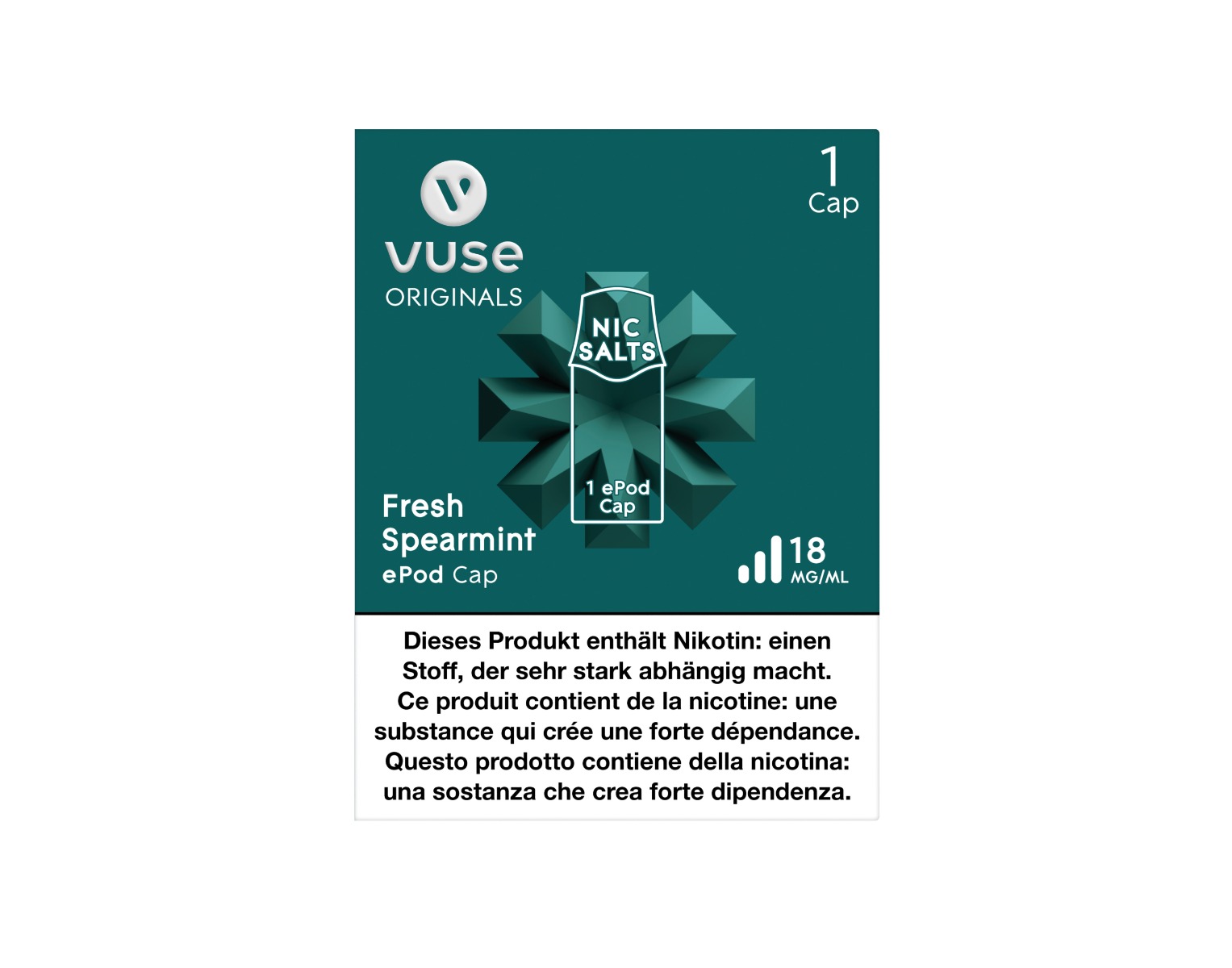 Die Verpackung von E-Liquid Cap mit dem Geschmack Fresh Spearmint für E-Zigarette ePod