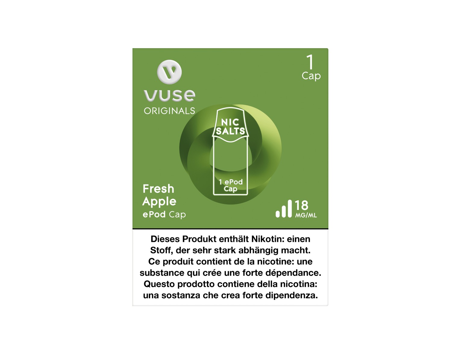Die Verpackung von E-Liquid Cap mit dem Geschmack Fresh Apple für E-Zigarette ePod