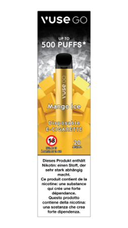 Die Einweg-E-Zigarette Vuse Go mit Mango Ice Geschmack in der Verpackung