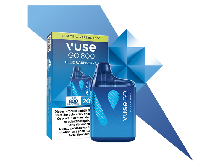 Vuse GO 800 Blue Raspberry disposable e-cigarette with packaging