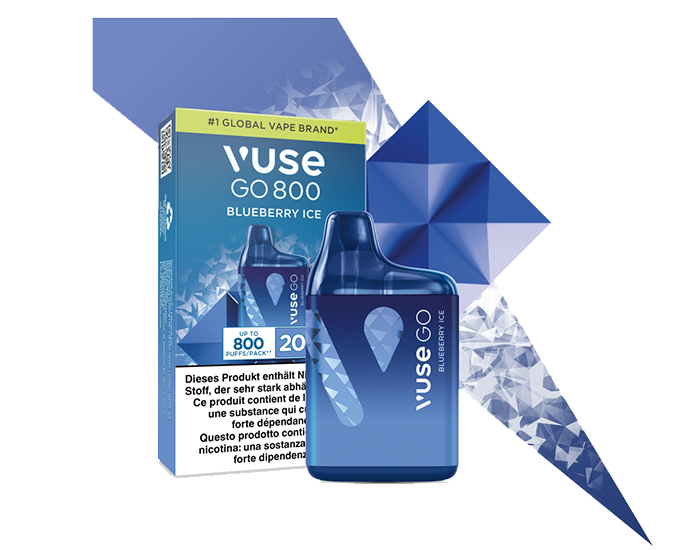 La e-cigarette jetable Vuse GO 800 Blueberry Ice avec son emballage