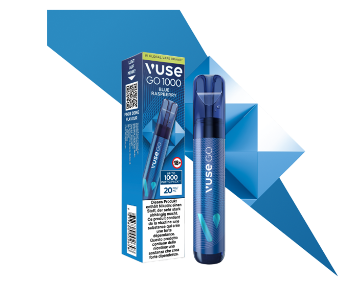Blue Raspberry Vuse GO 1000 Einweg-E-Zigarette mit Himbeergeschmack mit Verpackung dahinter