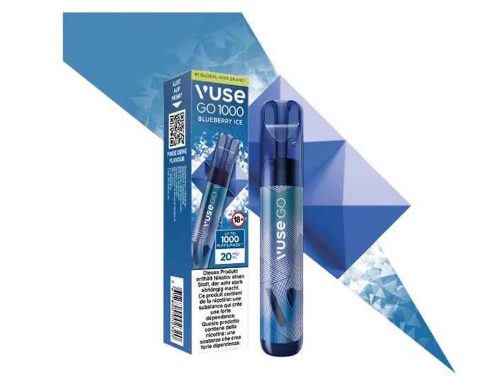 Blueberry Ice Vuse GO 1000 Einweg-E-Zigarette mit eisigem Blaubeergeschmack mit Verpackung dahinter