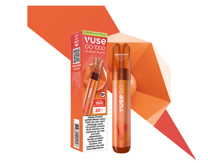 Classic Peach Vuse GO 1000 Einweg-E-Zigarette mit weissem Pfirsichgeschmack mit Verpackung dahinter