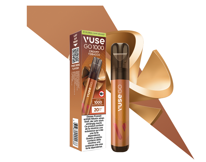 Creamy Tobacco Vuse GO 1000 Einweg-E-Zigarette mit reichem Tabakgeschmack mit Verpackung dahinter