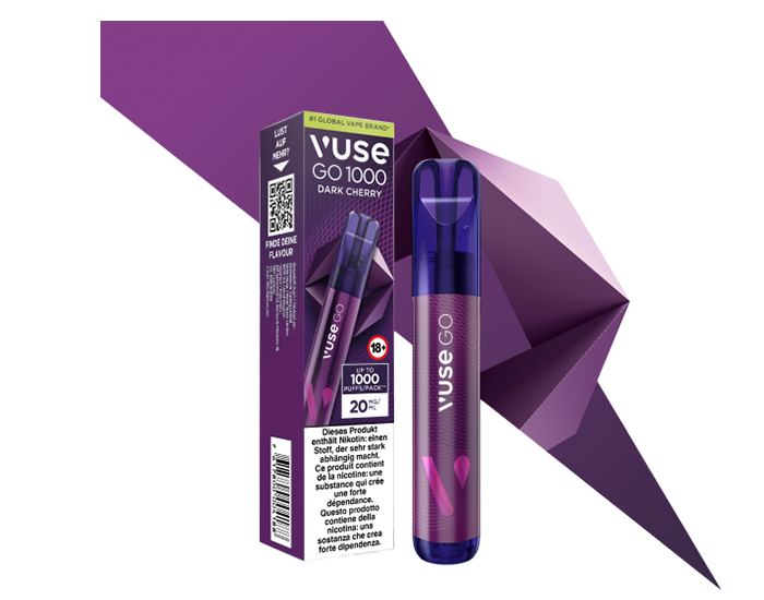 Dark Cherry Vuse GO 1000 Einweg-E-Zigarette mit Kirschengeschmack mit Verpackung dahinter