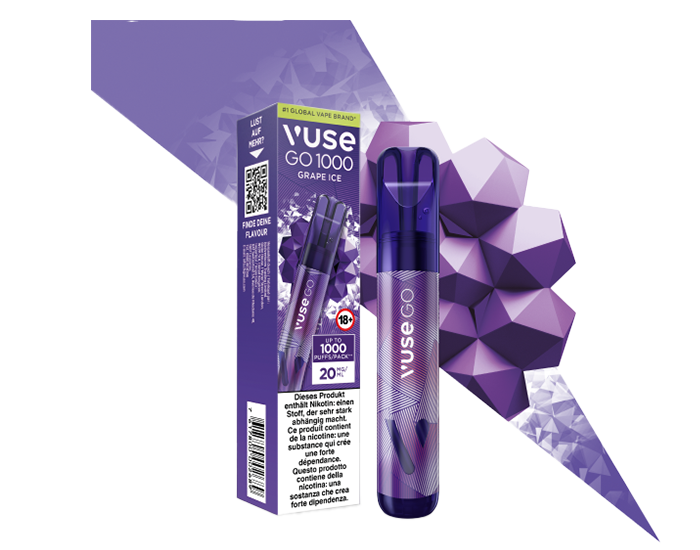 Grape Ice Vuse GO 1000 Einweg-E-Zigarette mit eisigem Traubengeschmack mit Verpackung dahinter