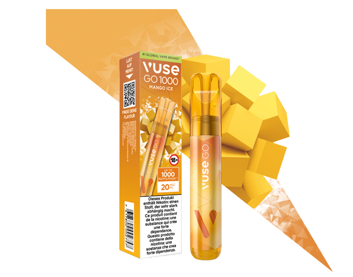 Mango Ice Vuse GO 1000 Einweg-E-Zigarette mit eisigem Mangogeschmack mit Verpackung dahinter