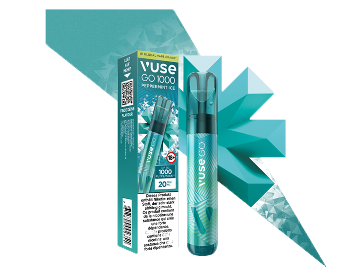 Peppermint Ice Vuse GO 1000 Einweg-E-Zigarette mit eisigem Pfefferminzgeschmack mit Verpackung dahinter