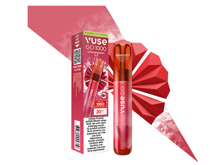 Strawberry Ice Vuse GO 1000 Einweg-E-Zigarette mit eisigem Erdbeergeschmack mit Verpackung dahinter