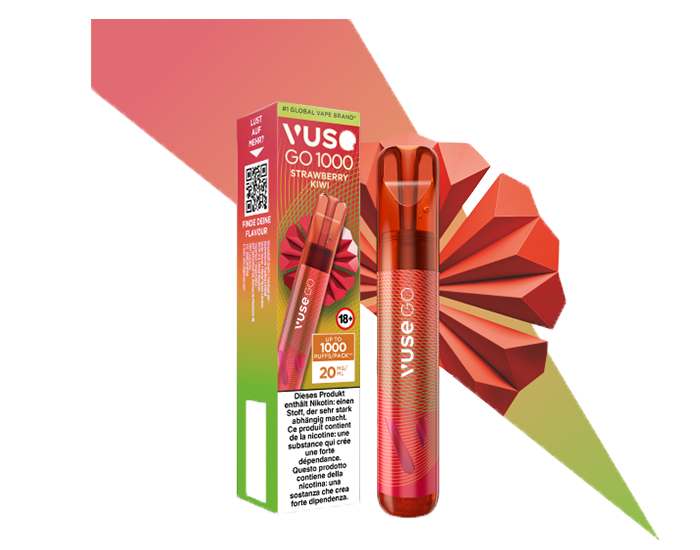 Strawberry Kiwi Vuse GO 1000 Einweg-E-Zigarette mit Erdbeergeschmack und einem Hauch von Kiwi-Noten mit Verpackung dahinter