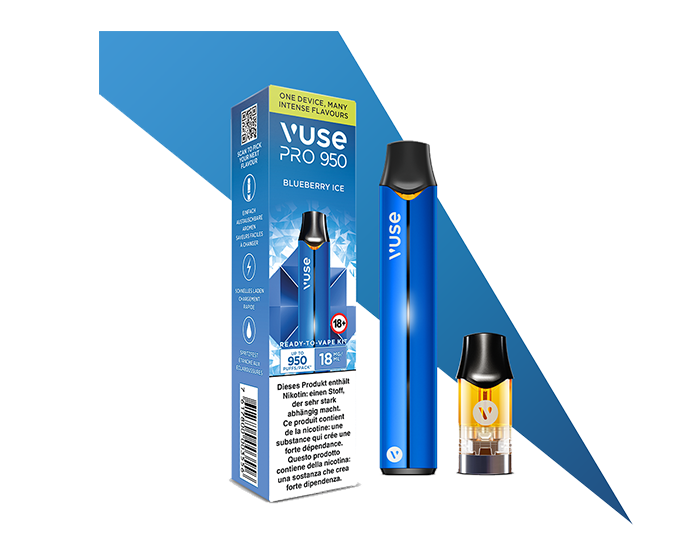 The Vuse PRO 950 blue ready to vape kit with a metallic blue Vuse Pro e-cigarette and a Blueberry Ice flavour pod.