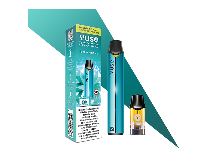 Le kit prêt à vapoter Vuse PRO 950 turquoise comprend une e-cigarette Vuse Pro turquoise métallisé et une pod de saveur Peppermint Ice.