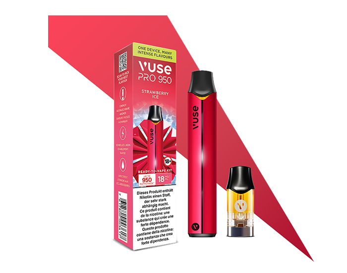 The Vuse PRO 950 red ready to vape kit with a metallic red Vuse Pro e-cigarette and a Stawberry Ice flavour pod.