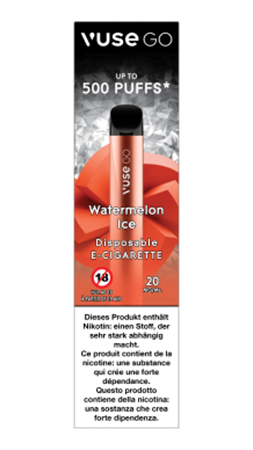 Die Einweg-E-Zigarette Vuse Go mit Watermelon Ice Geschmack in der Verpackung