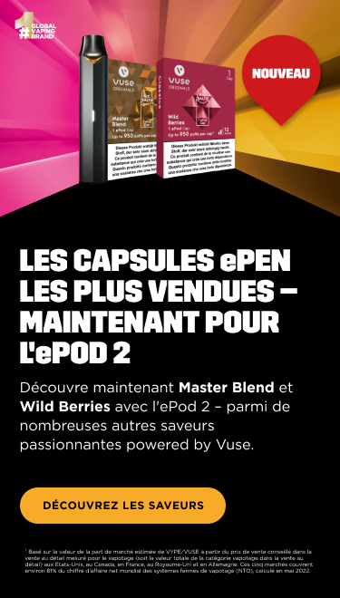 une e-cigarette Vuse avec le globe terrestre et le texte: Nous sommes la première marque mondiale de vaping neutre en CO2!