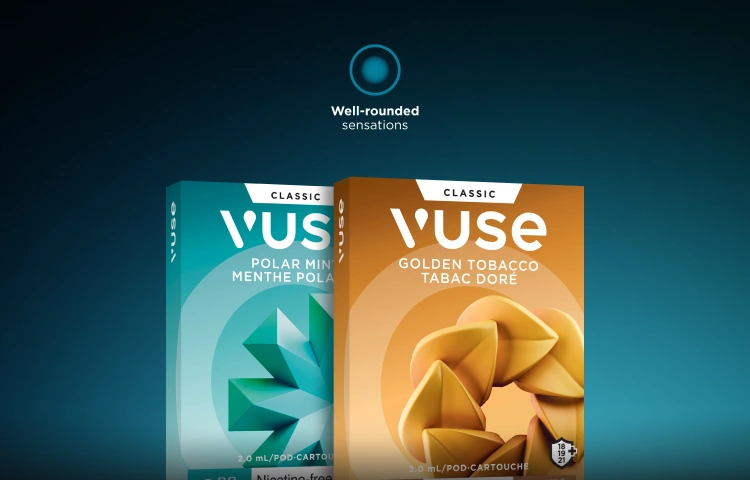 Pack of Polar Mint and Golden Tobacco Nicotine-Free on a blue and black gradient background