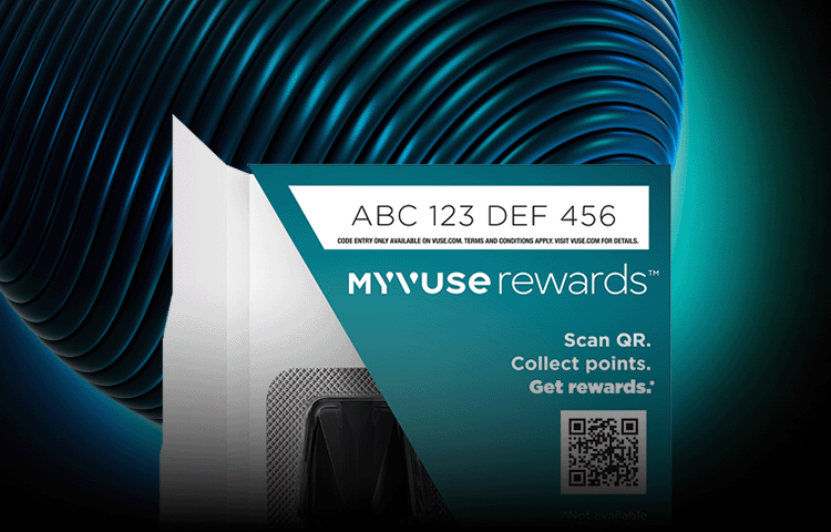 Vuse Pod pod pack showing the MYVUSE Rewards bar code on the top on the pack on a blue orb with a blue gradient