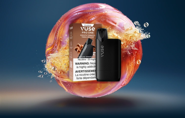 Vuse Pro One Smooth Tobacco on a orange orb on a blue background