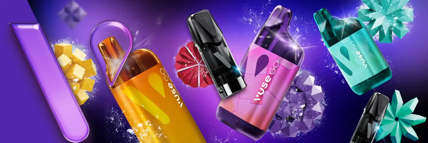  Vuse Passionfruit Flavoured Disposable Vapes Floating on a Purple Background