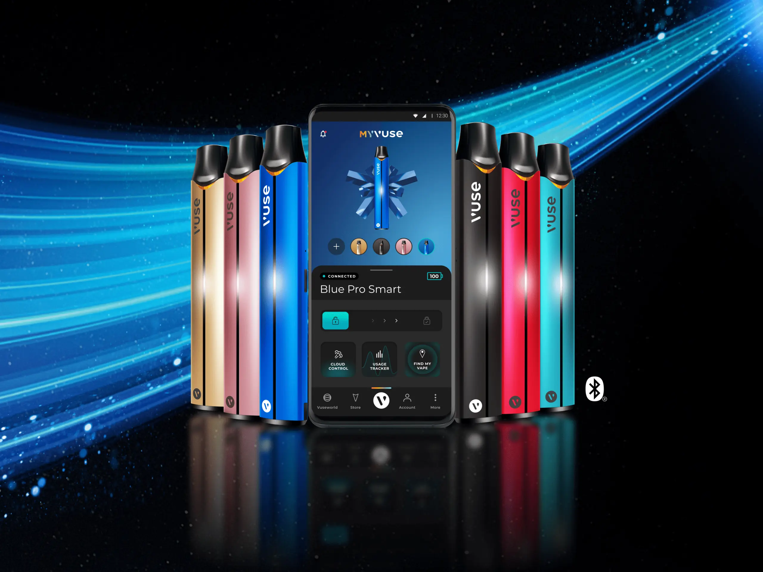 Vuse Pro Smart Vape Featured on MYVUSE App Against a Black Background